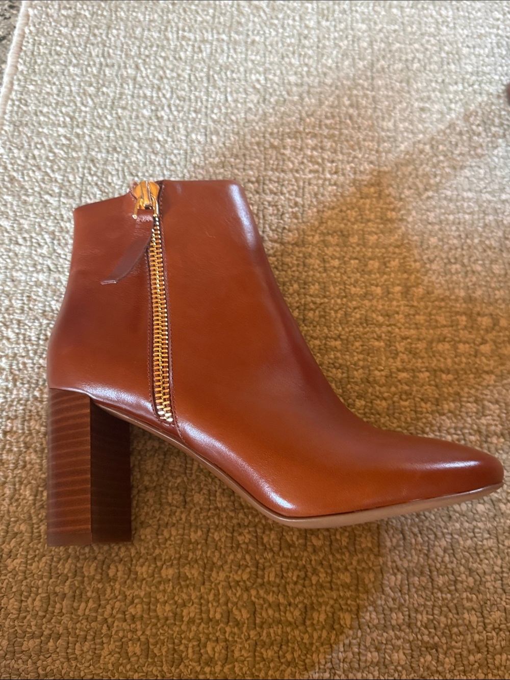 Jeffrey Campbell Cognac Leather Pointed Toe Block Heel Ankle Boot